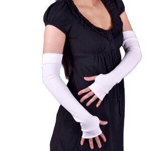 Long Cotton Fingerless Gloves White Arm Warmers Winter Thumb Holes Warm Ladies